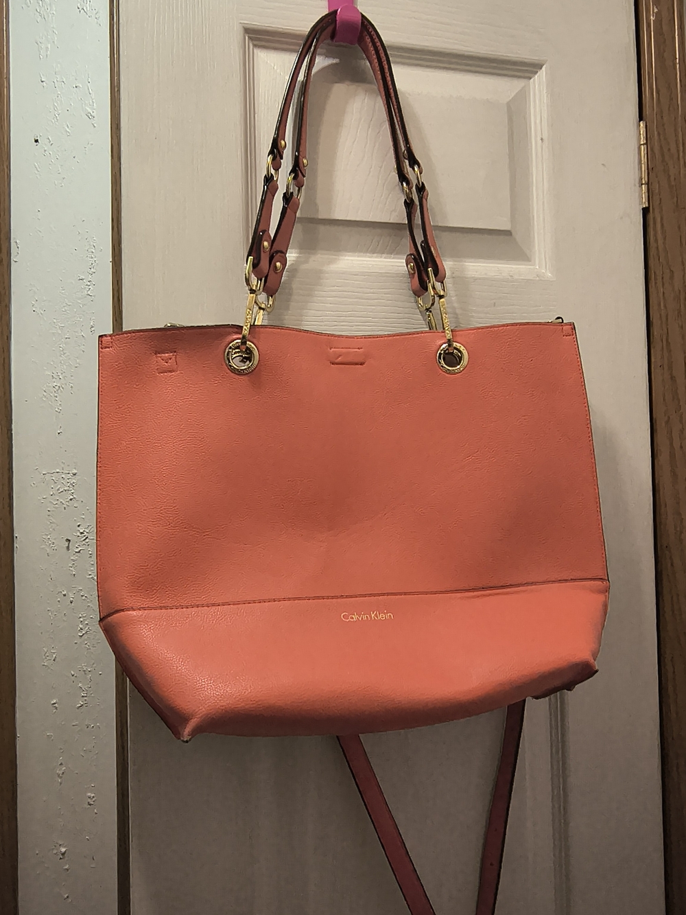 Calvin Klein Coral-Orange Tote with Gold Hardware